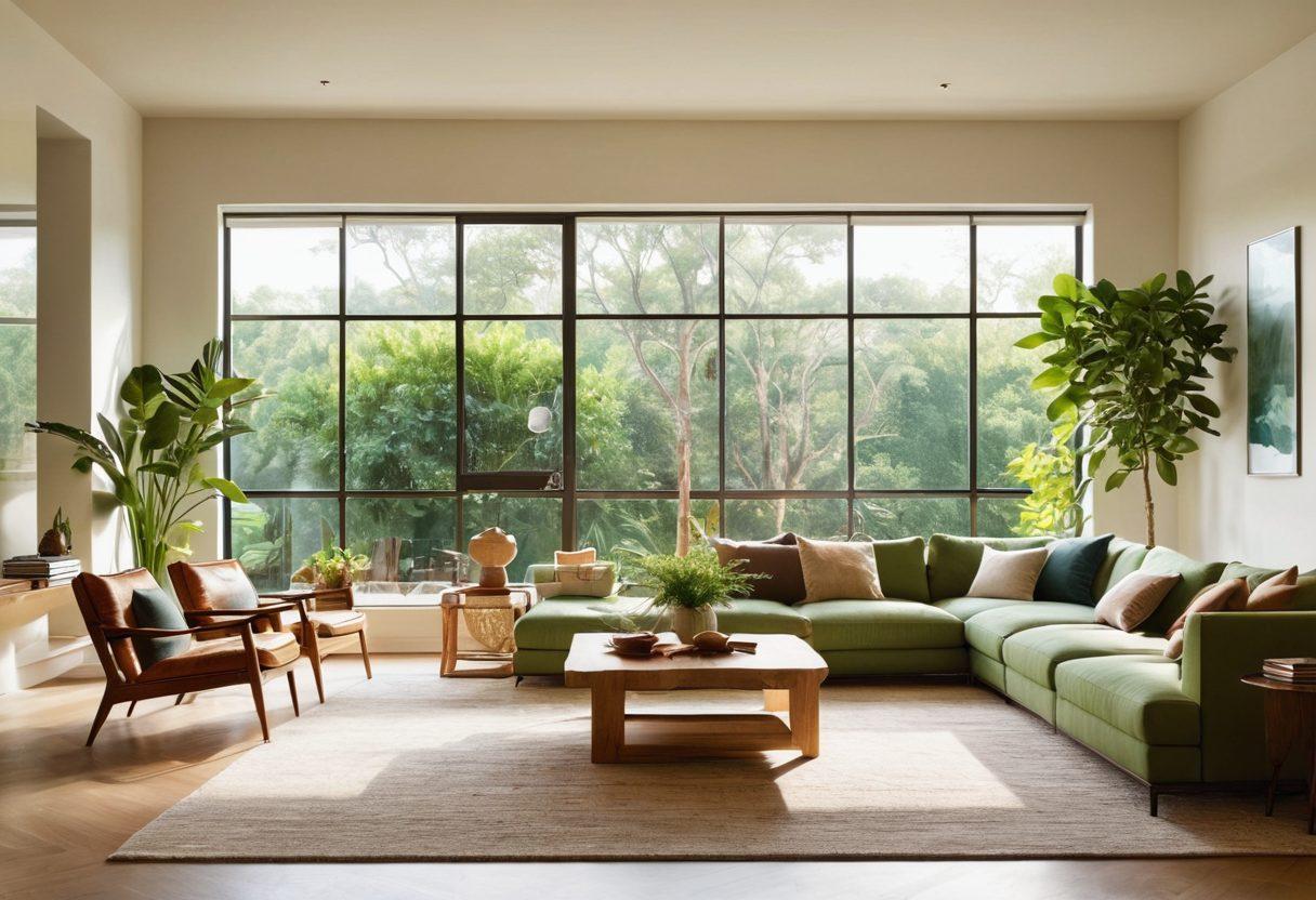 A beautifully designed living room showcasing eco-friendly furniture made from sustainable materials, surrounded by indoor plants that purify the air. Large windows allow natural light to flow in, illuminating a stylish blend of contemporary decor and nature-inspired elements. A harmonious color palette of greens, browns, and whites sets a calming atmosphere. Emphasize modern aesthetics with minimalist design features. super-realistic. vibrant colors. natural light.