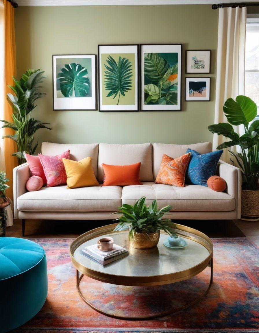 A beautifully styled living room showcasing innovative home furnishings, featuring a blend of modern and vintage decor elements. Include vibrant throw pillows, a unique coffee table, and creative wall art that inspires. The lighting should be warm and inviting, emphasizing a cozy atmosphere. Integrate houseplants for a touch of nature. super-realistic. vibrant colors. soft lighting.