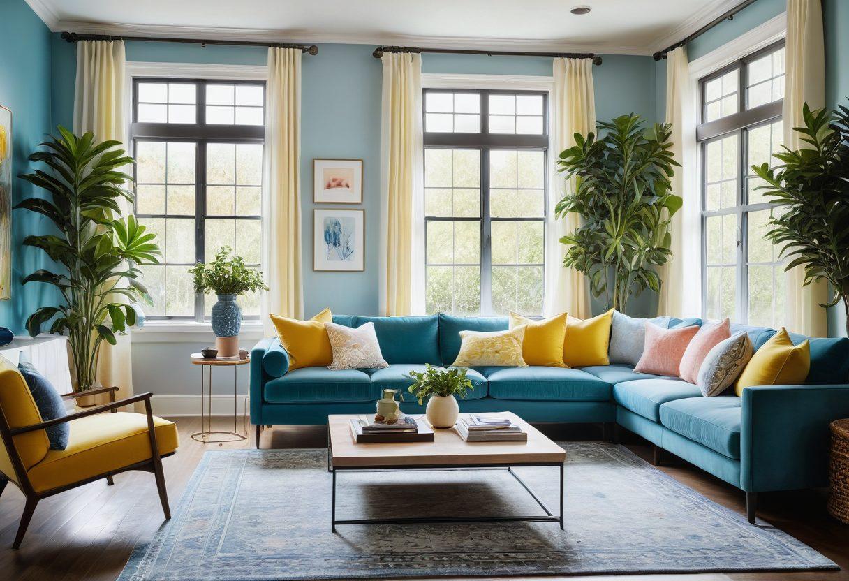 A beautifully arranged living room showcasing an innovative layout, with a stylish sofa, elegant coffee table, and vibrant decor items. The walls display inspiring color schemes that harmonize and contrast, including pastel blues and warm yellows. Soft natural lighting floods the space through large windows, casting gentle shadows. Include a touch of greenery with indoor plants for freshness and texture. super-realistic. vibrant colors. cozy atmosphere.